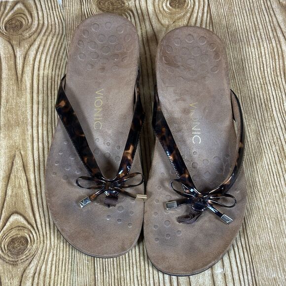 VIONIC Bella II Tortoise Shell Print Strap Comfort Flip Flop Sandals Women’s 9 - Picture 2 of 15
